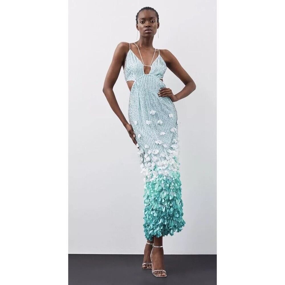 New Karen Millen Crystal Appliqué Deep V Woven Maxi Dress BLUE sz 8 US